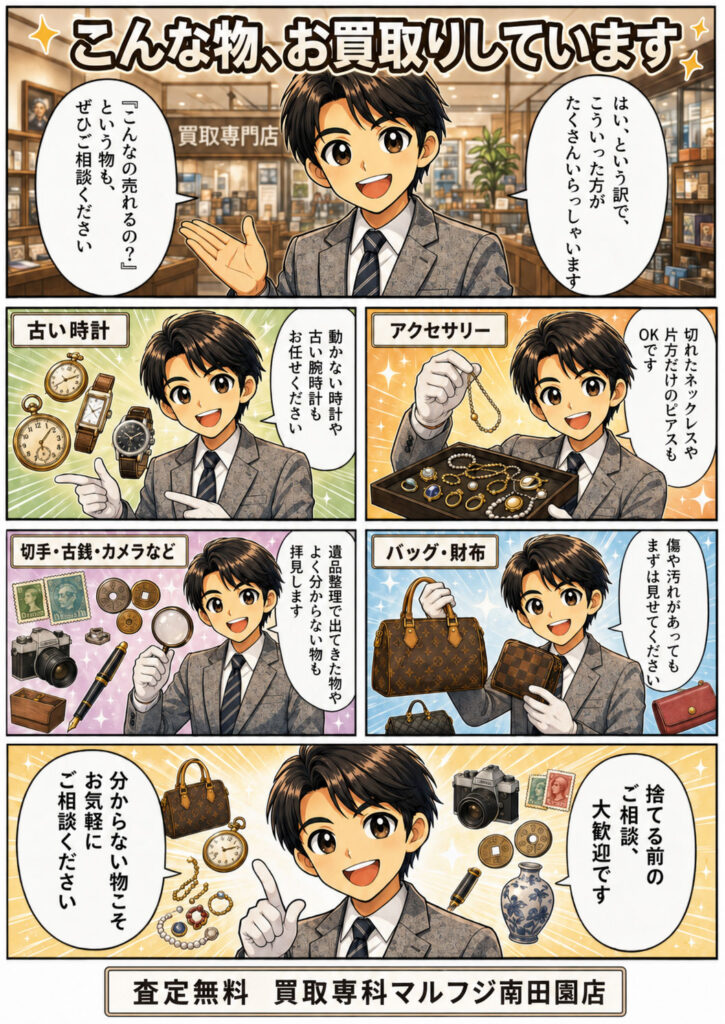 店長が壊れたアクセサリーや古い時計、バッグ、財布、切手、古銭、カメラなどの買取品目を紹介する漫画